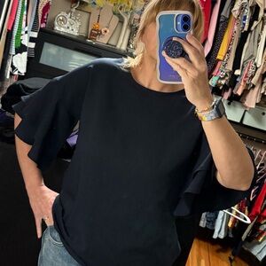 Elegant Navy Blue Ruffle Sleeve Top